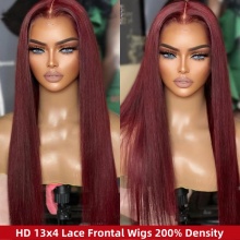 Cherry Red HD 13x4 Lace Frontal Wigs 200% Density PrePlucked Human Hair Wigs