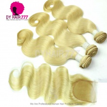 Best Match 4*4 Top Lace Closure With 3 or 4Bundle European Body Wave Royal Virgin Human Hair Extensions #613 Blonde