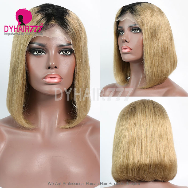 150% Density Bob Lace Front Wig Ombre Color 1B/27 Straight Virgin Human Lace Wig