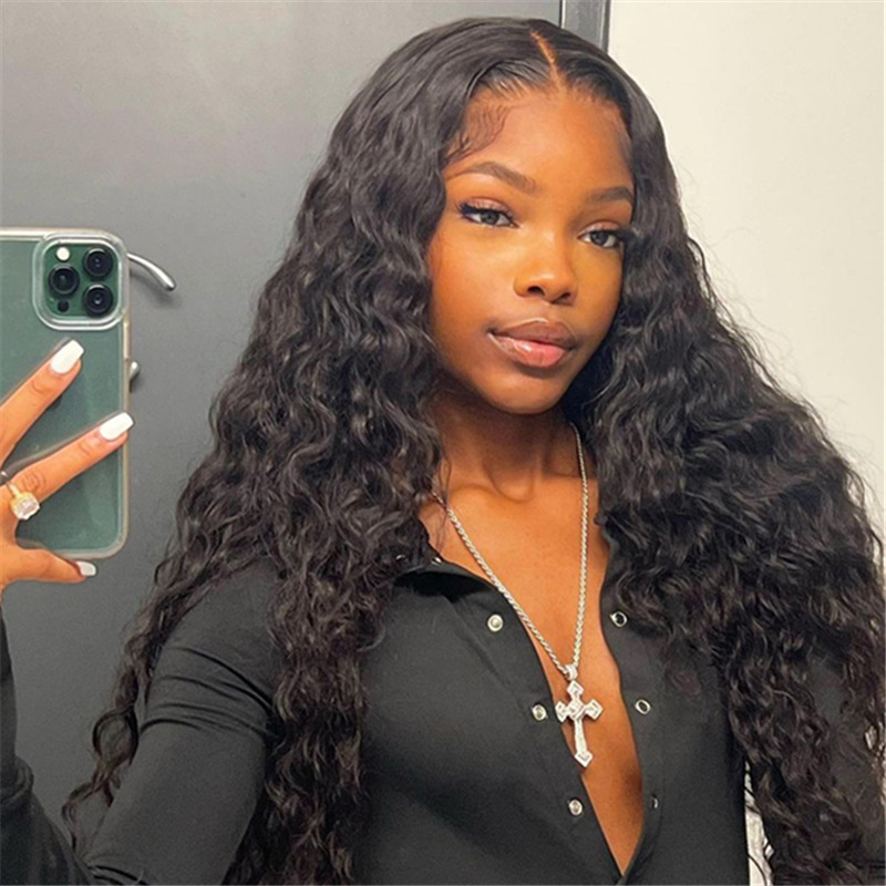 Stock Clearance Color 1B# 13*4 Lace Frontal Wigs Water Wave 130% Density Top Quality Virgin Human Hair With Elastic Band 