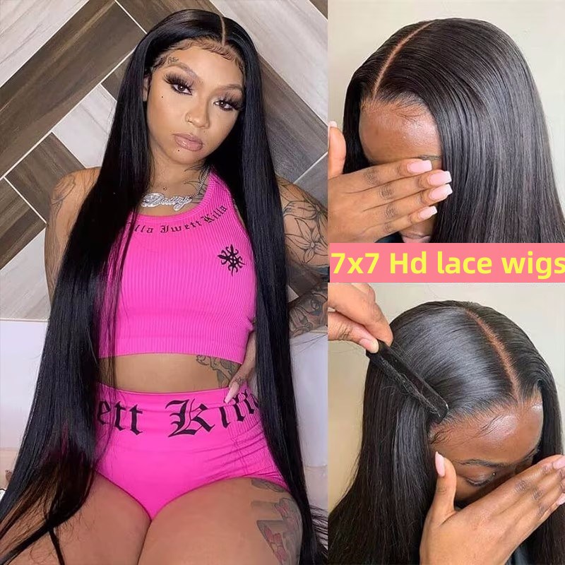 Glueless HD Swiss 7x7 Lace Closure Wig 200% Density Virgin Human Hair Knots Bleached Pre Plucked Natural Color