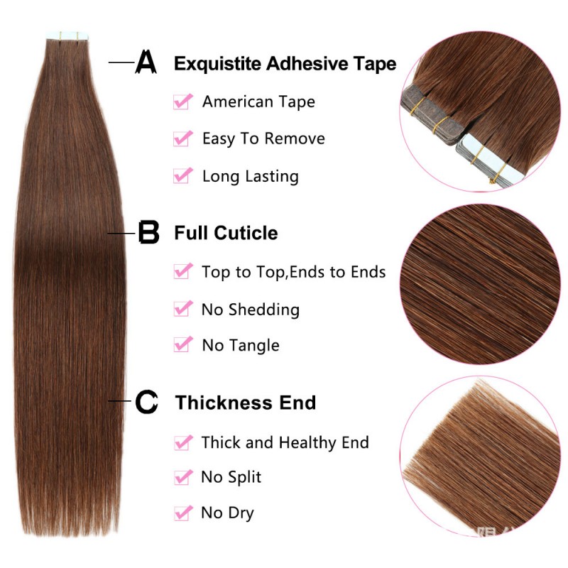 Royal Grade Tape ins Color #4 Tape Hair Extension 100% Unprocessed Virgin Human Hair 20pcs 50grams 