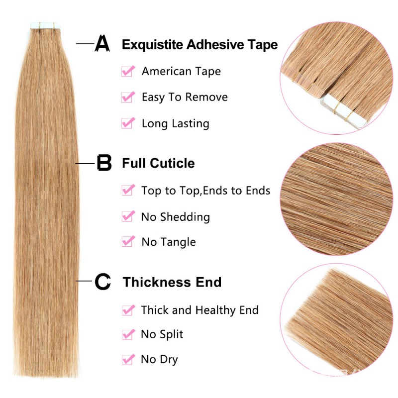 Royal Grade Tape ins Color #27 Tape Hair Extension 100% Unprocessed Virgin Human Hair 20pcs 50grams 