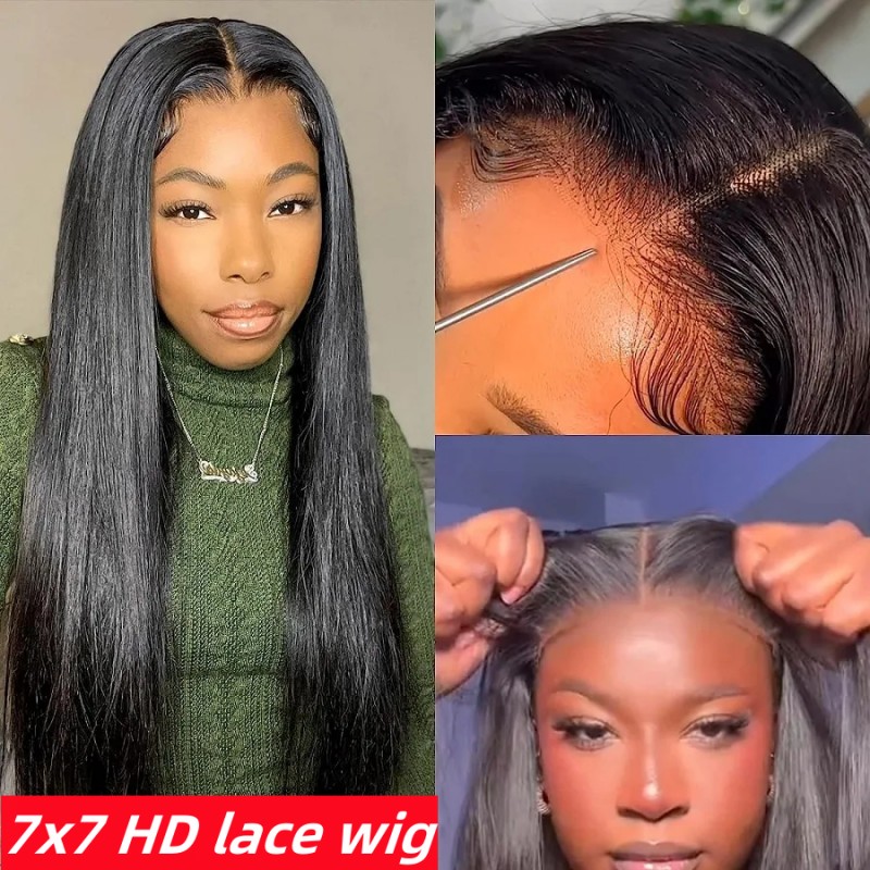 HD 7x7 Lace Closure Wigs 200% Density Glueless Wear Go Lightly Plucked Bleached 100% Unprocessed Virgin Human Hair