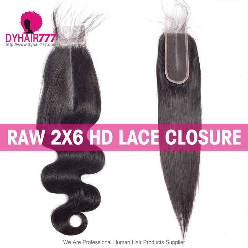 Raw HD 2x6 Lace Closure Raw Human Hair With Baby Hair Pre Plucked Lightly Bleached Natural Color