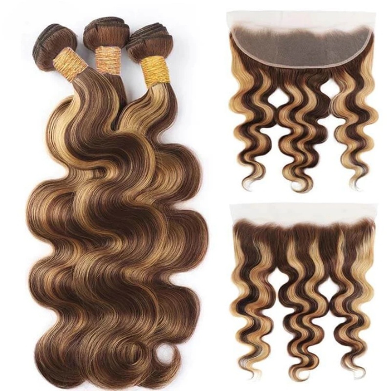 Highlight Color P4/27 Best Match 13x4 Lace Frontals With 3 or 4 Bundles 14A Royal Grade Virgin Hair Extensions