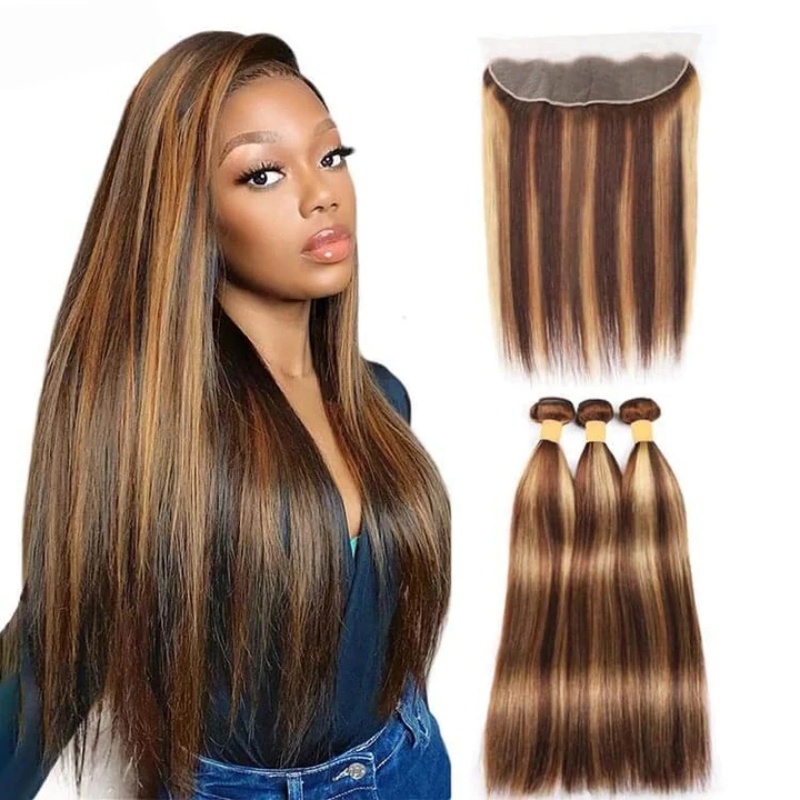 Highlight Color P4/27 Best Match 13x4 Lace Frontals With 3 or 4 Bundles 14A Royal Grade Virgin Hair Extensions