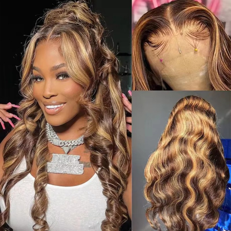 Glueless Highlight Color P4/27 HD 13x6 Lace Frontal Wigs 200% Density Virgin Human Hair Wigs