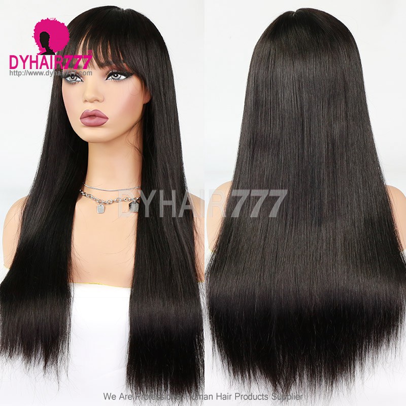 Double Drawn Bone Straight Curtain Bangs 1.5x3 Lace Closure Wigs 250% Density Lace Wig 100% Unprocessed Virgin Human Hair Wig