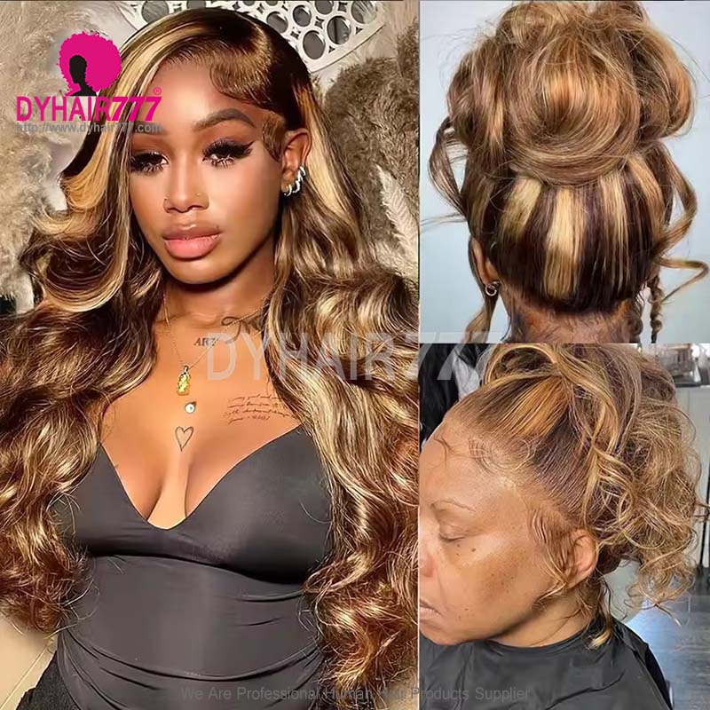 Highlighted Color P4/27# Invisi-Strap Drawstring 360 HD Lace Frontal Wig 200% Density Bleached Knots Virgin Human Hair Wig