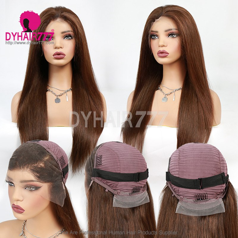 Chocolate Brown Color 4# HD 13x4 Lace Wigs Glueless Wear Go 200% Density Virgin Human Hair Wigs Knots Bleached