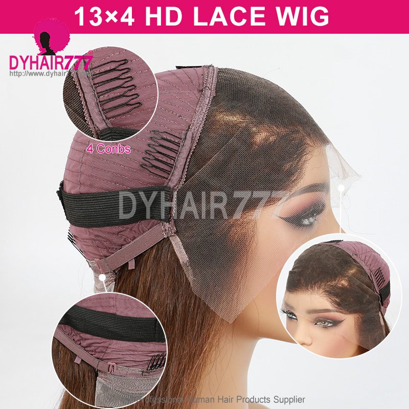 Chocolate Brown Color 4# HD 13x4 Lace Wigs Glueless Wear Go 200% Density Virgin Human Hair Wigs Knots Bleached
