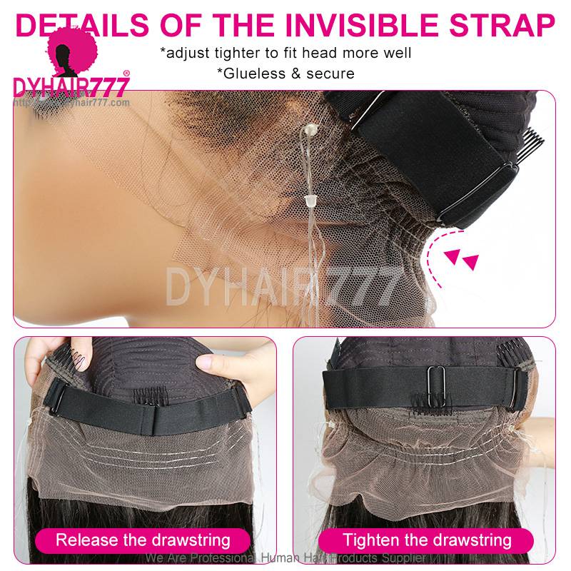 Jet Black Invisi-Strap Drawstring 360 HD Lace Wig 180% Density Glueless Bleached Knots Virgin Human Hair Wig
