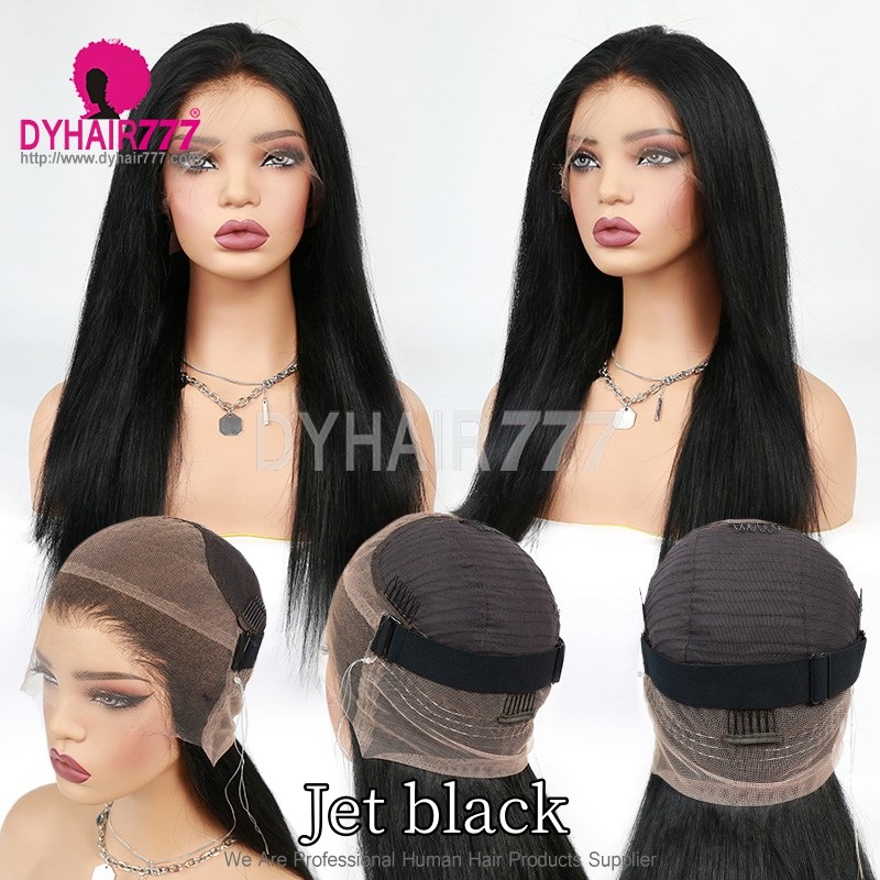 Jet Black Invisi-Strap Drawstring 360 HD Lace Wig 180% Density Glueless Bleached Knots Virgin Human Hair Wig