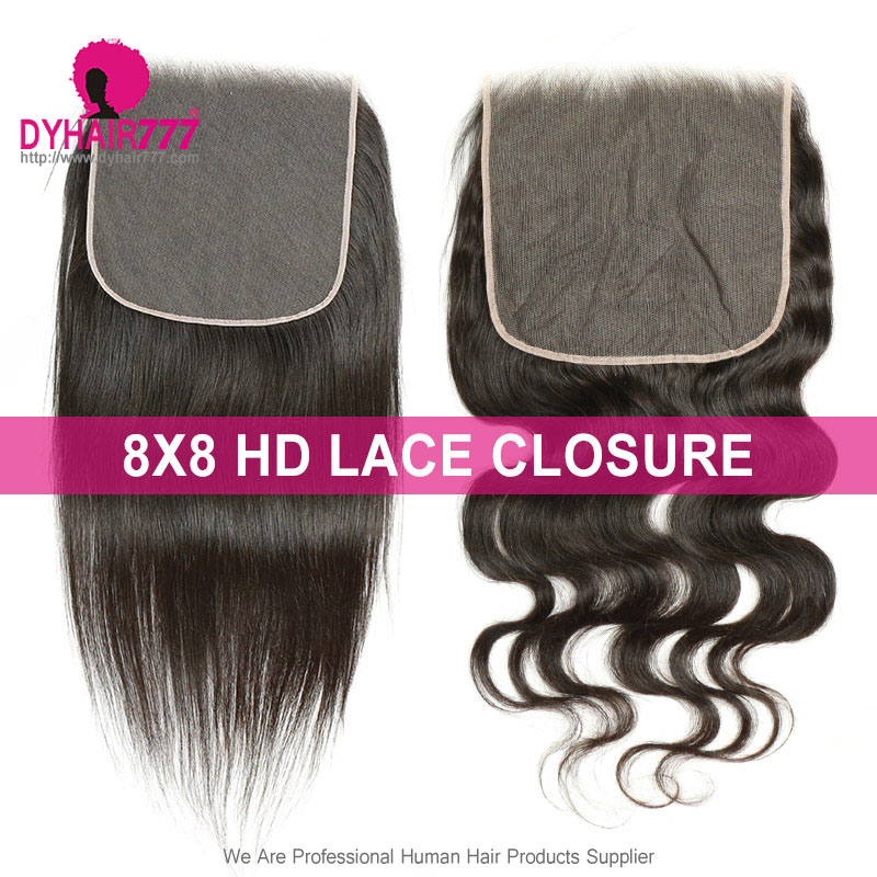 HD 8x8 Lace Top Closure Pre Plucked Hairline Natural Color 100% Virgin Human Hair