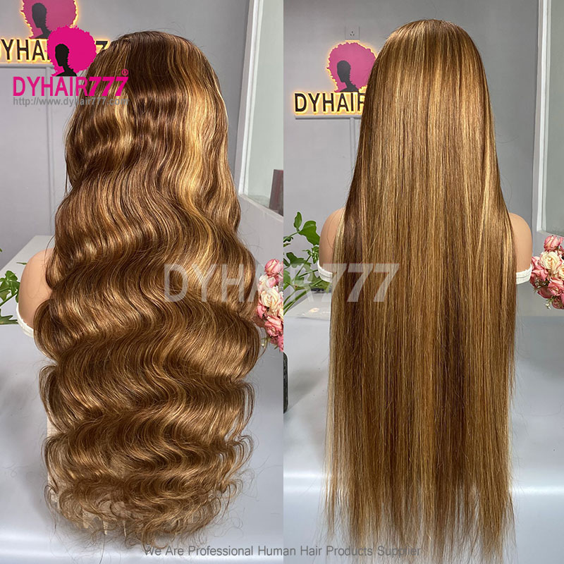 Highlighted Color P4/27# HD 13x4 Lace Frontal Wigs 200% Density Virgin Human Hair Wigs