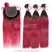 Ombre Human Hair 3 Bundles With Lace Closure 1B/99J Burgundy Red Peruvian Straight Hair Extension