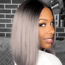 150% Density Bob Lace Front Wig Ombre Color 1B/Grey Straight Virgin Human Lace Wig
