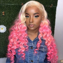 Stylist Wig As Picture 100% Virgin Human Hair Loose Curls Ombre Blonde Pink 130% Density