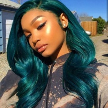 Stylist Wig As Picture 100% Virgin Human Hair Wavy Blue Green 130% Density