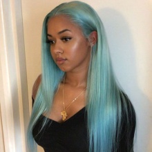 Stylist Wig As Picture 100% Virgin Human Hair Straight Turquoise Blue