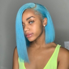 Stylist Wig As Picture 100% Virgin Human Hair Straight Bob Wig Light Blue