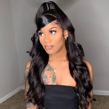 1B# Royal Virgin Human Hair Body Wave Lace Front Wigs With Bangs