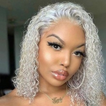 Bob Wigs Kinky Curly Grey Blonde #613 Color 150% Density Lace Frontal Wigs 100% Human Hair 