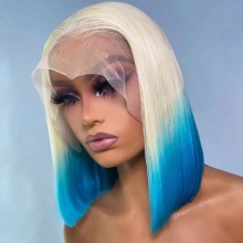 Bob Wigs Straight Hair Lace Frontal Wigs Blonde Ombre Signal Blue 100% Virgin Human Hair 