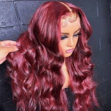 Stylist Lace Frontal Wig 100% Virgin Human Hair Wavy Burgundy Color As Picture 180% Density