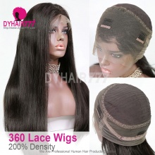 (Upgrade) 360 Lace 200% Density Wig Pre Plucked Virgin Human Hair Straight Hair Natural Color