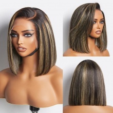 Ombre Blonde Highlight Silky Straight Glueless 13x4 Lace Bob Wig 200% Density 100% Human Hair
