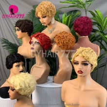 Bob Wigs No Lace All Weft Made Pixie Finger Curl 100% Human Hair Wig